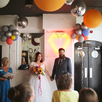 Jo and Philip facing guests Bride and groom face their guests